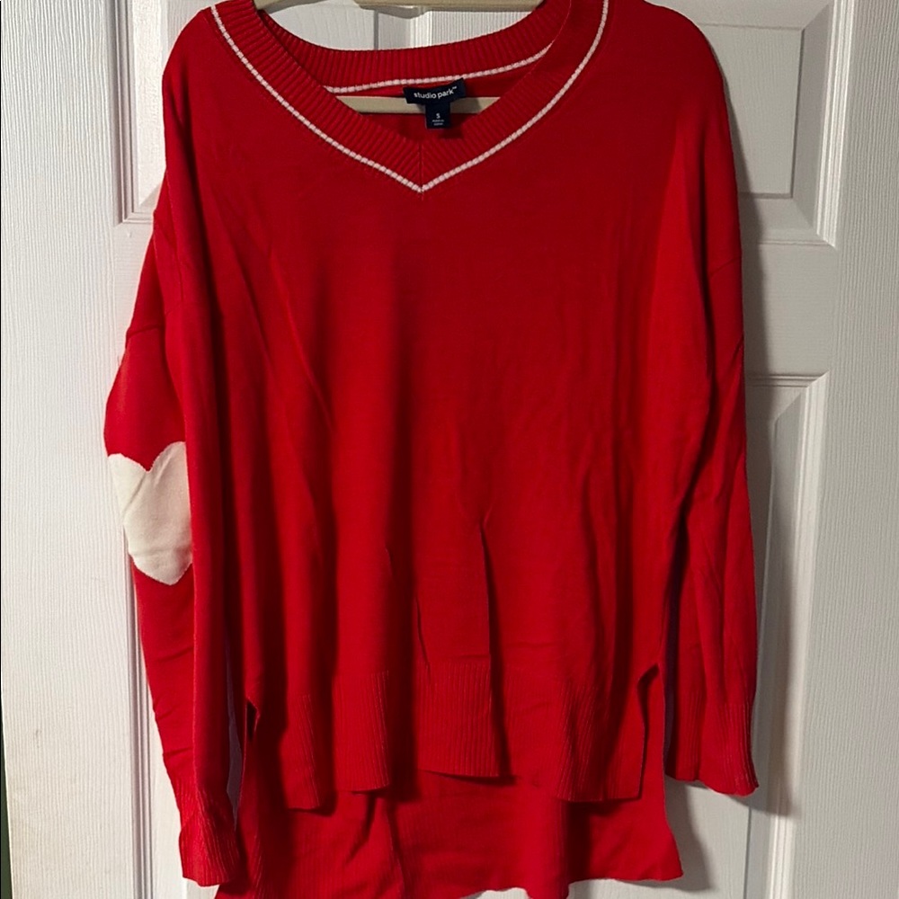 Studio Park/Amy Strahan Red Sweater with Heart Elbow Patch - size small.
